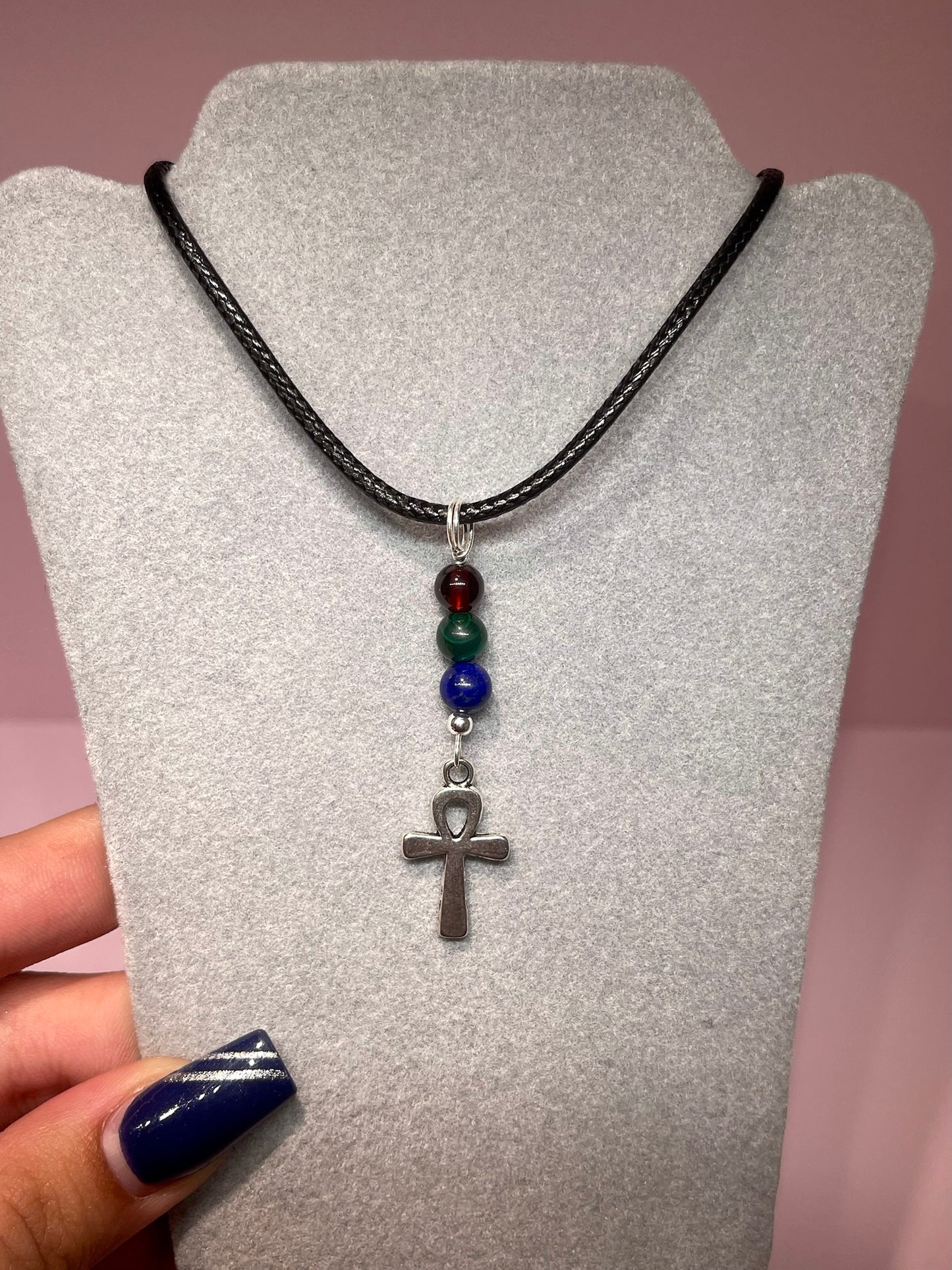 Egyptian Ankh Necklace with Garnet, Malachite and Lapis