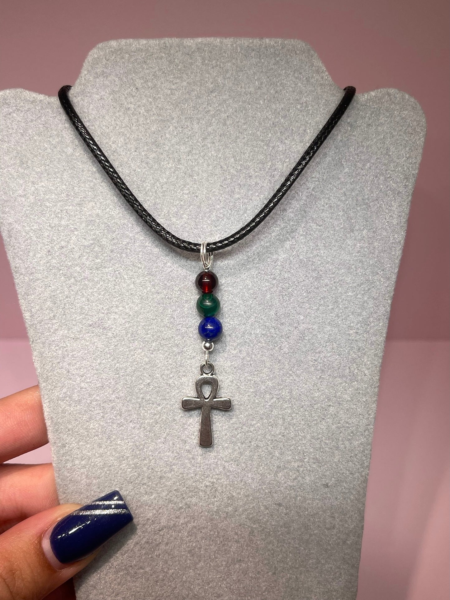 Egyptian Ankh Necklace with Garnet, Malachite and Lapis