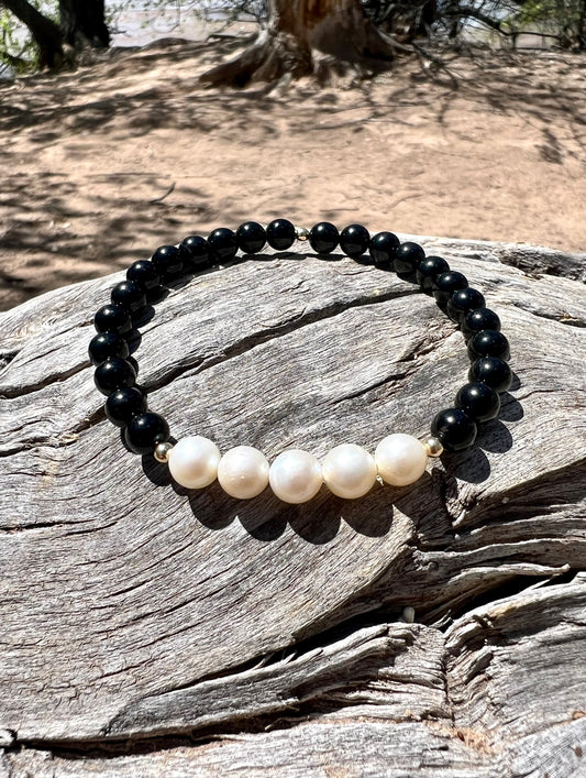 Pearl Power Bracelet with Black Tourmaline and Solid Gold
