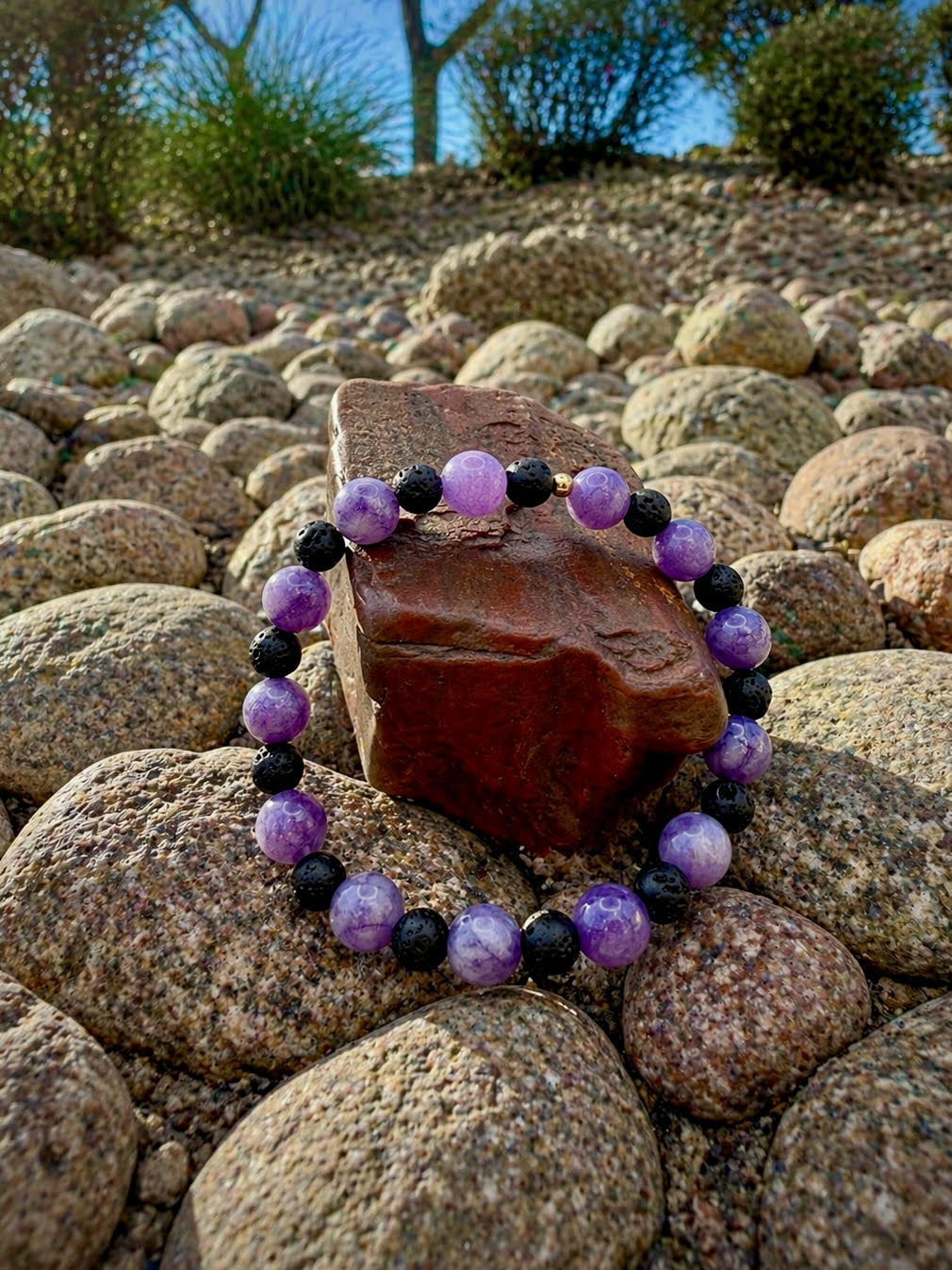 Purple Chalcedony and Lava Rock Bracelet