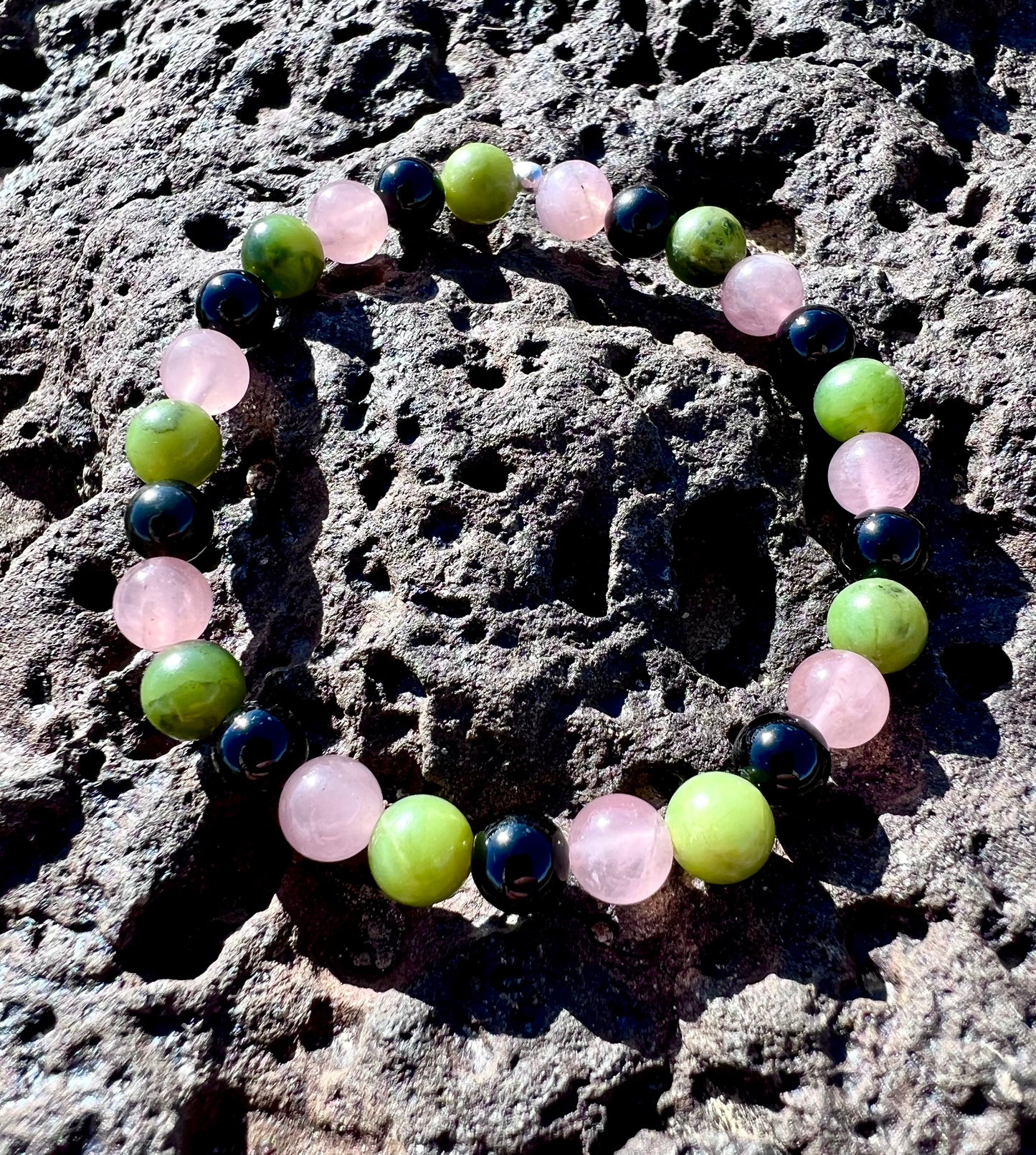 Jade + Rose Quartz + Black Tourmaline Bracelet with Sterling Silver