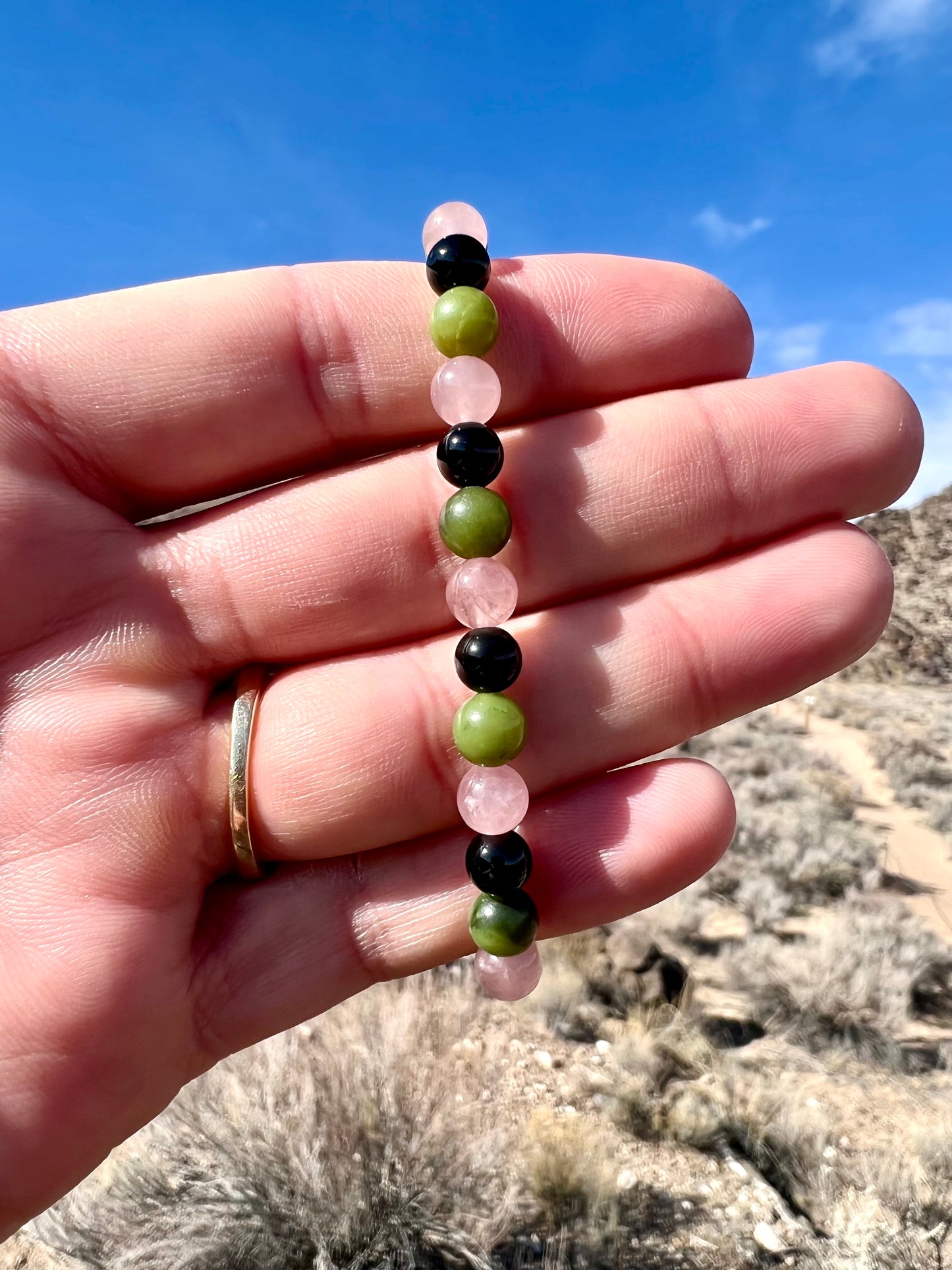 Jade + Rose Quartz + Black Tourmaline Bracelet with Sterling Silver