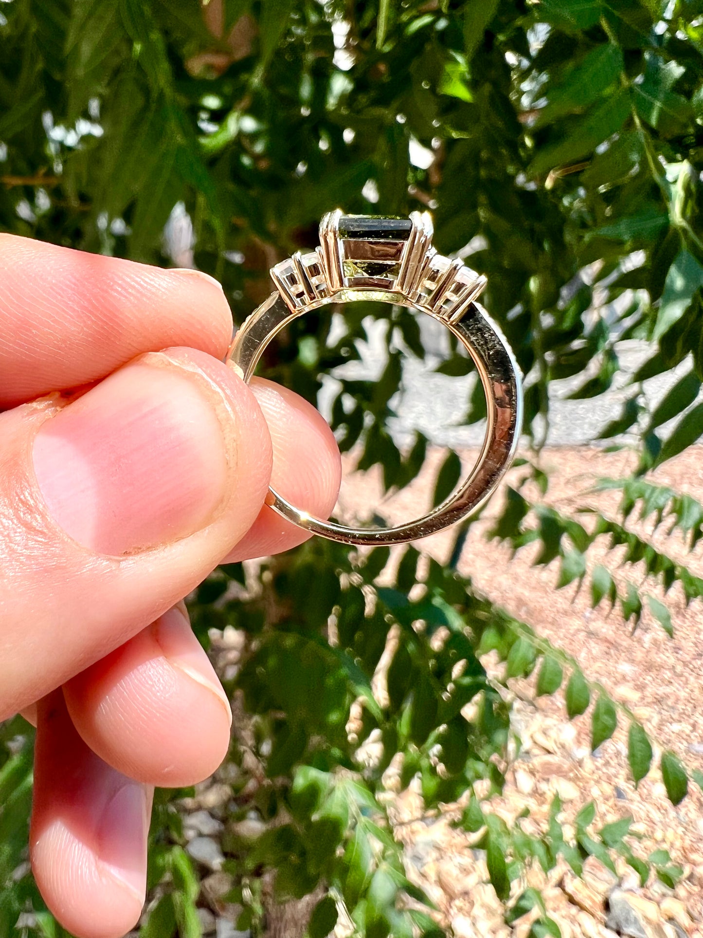Moldavite + White Zircon on 10k Solid Gold