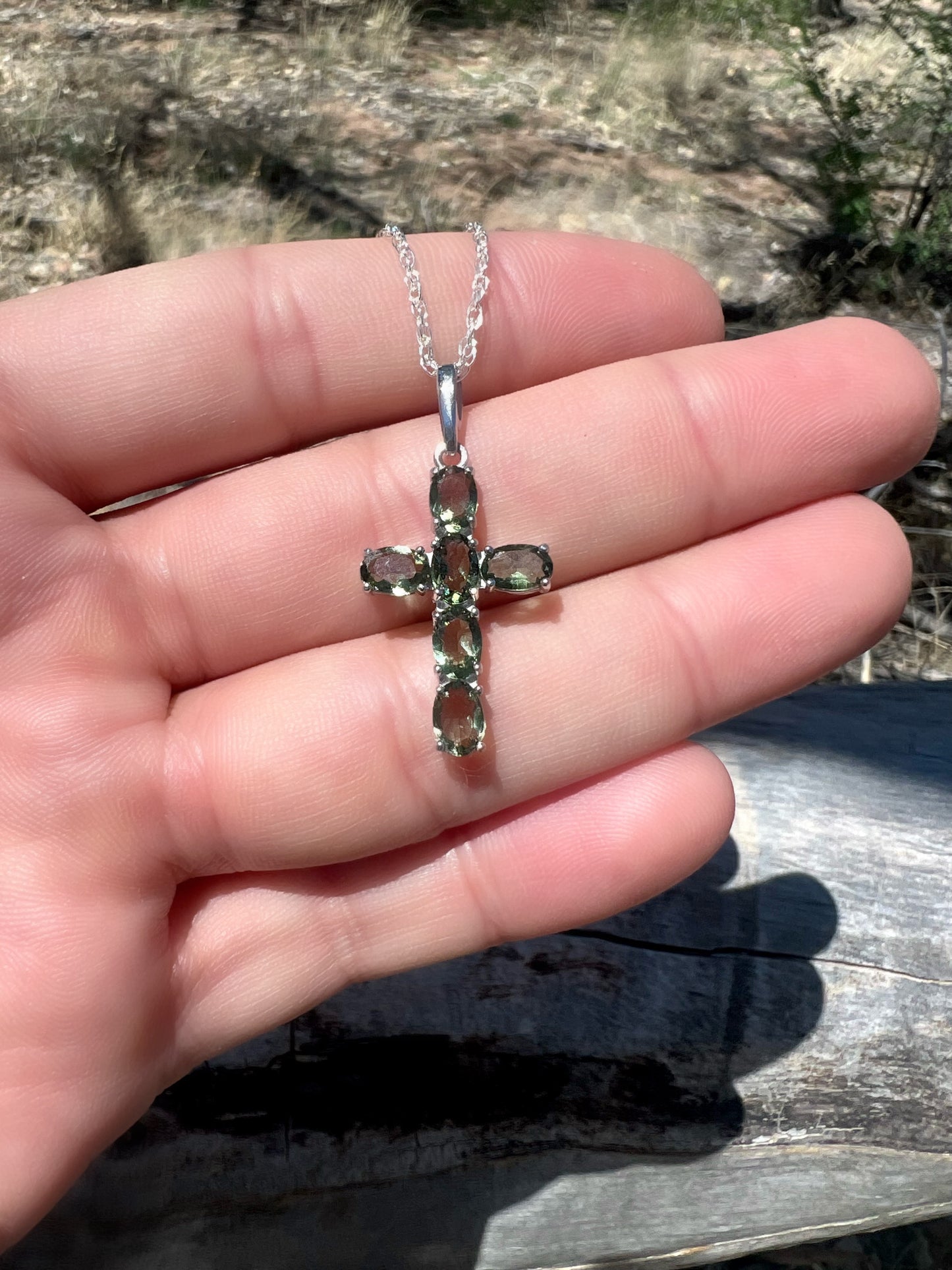 Moldavite Cross Necklace in Sterling Silver