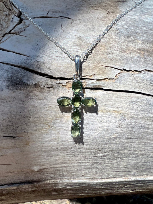 Moldavite Cross Necklace in Sterling Silver