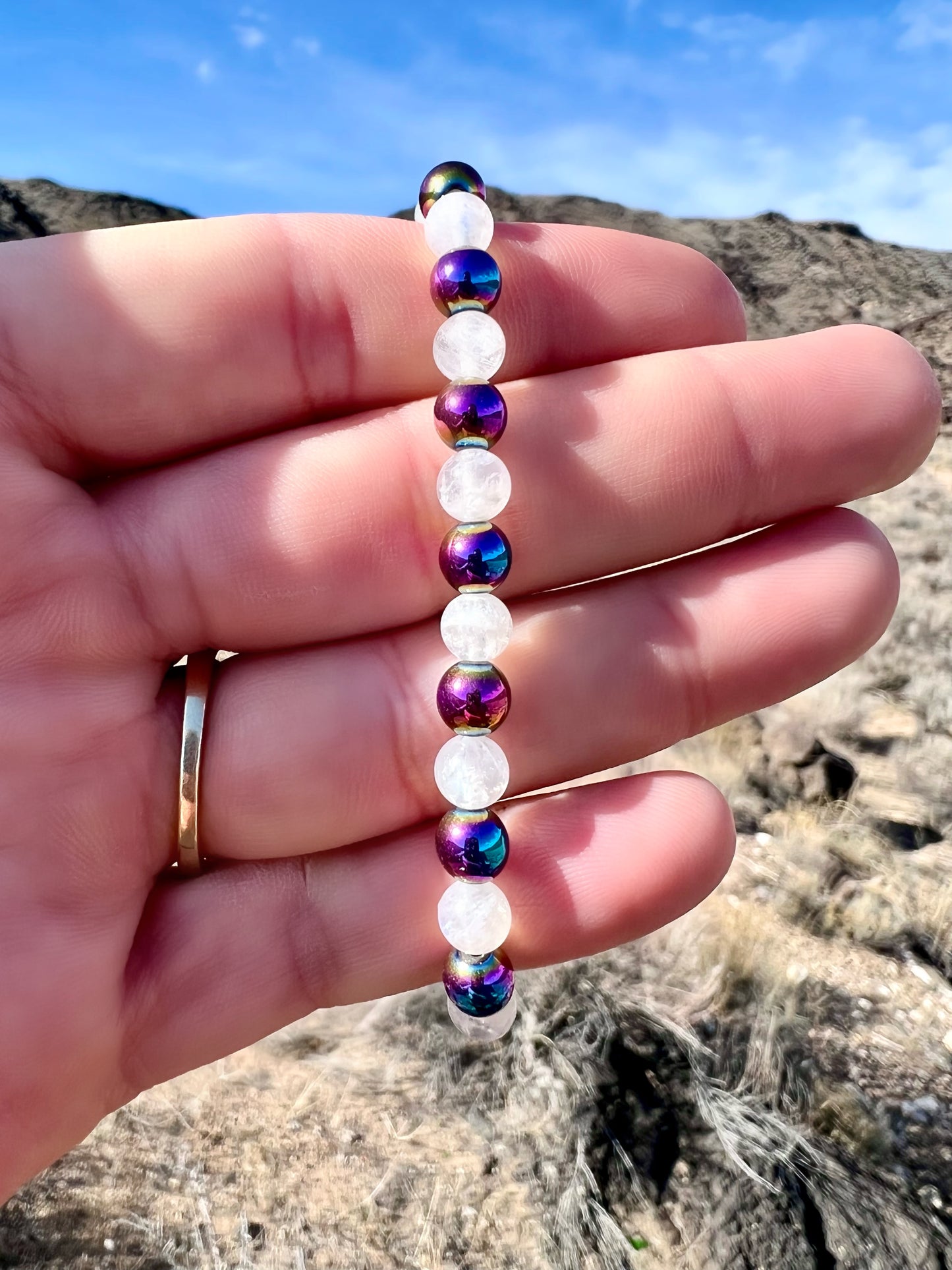 Rainbow Hematite + Moonstone Bracelet with Sterling Silver