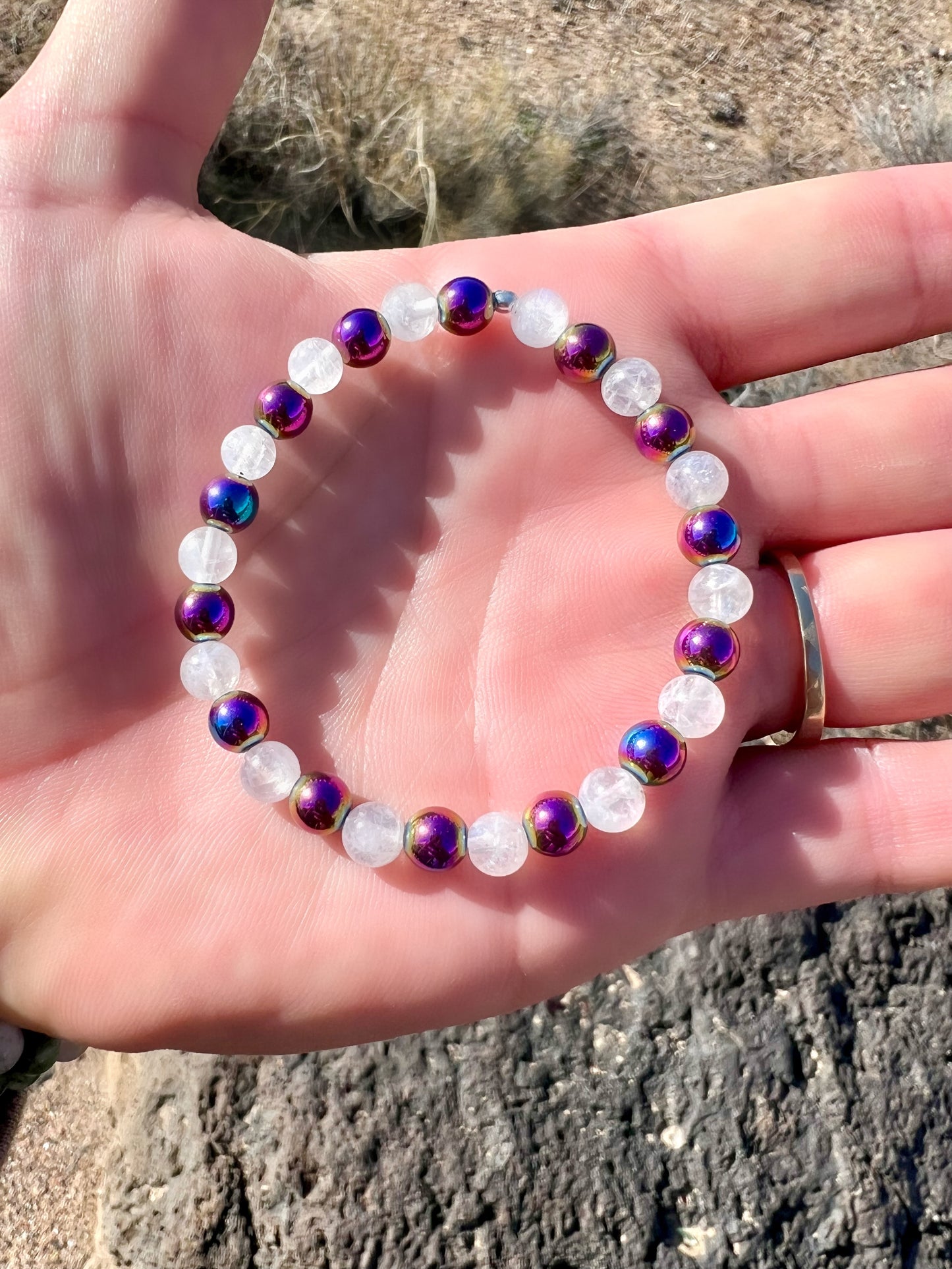 Rainbow Hematite + Moonstone Bracelet with Sterling Silver