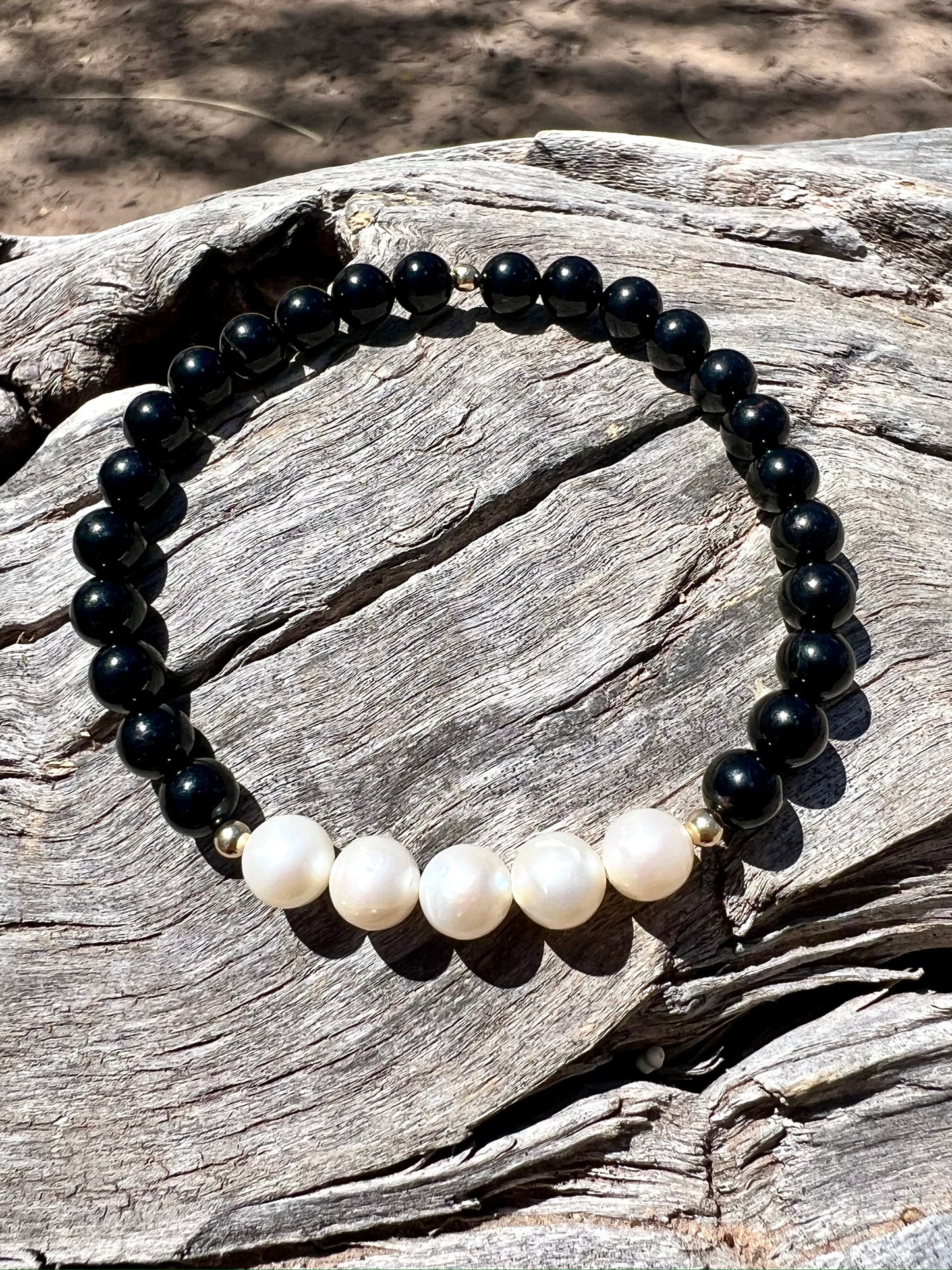 Pearl Power Bracelet with Black Tourmaline and Solid Gold