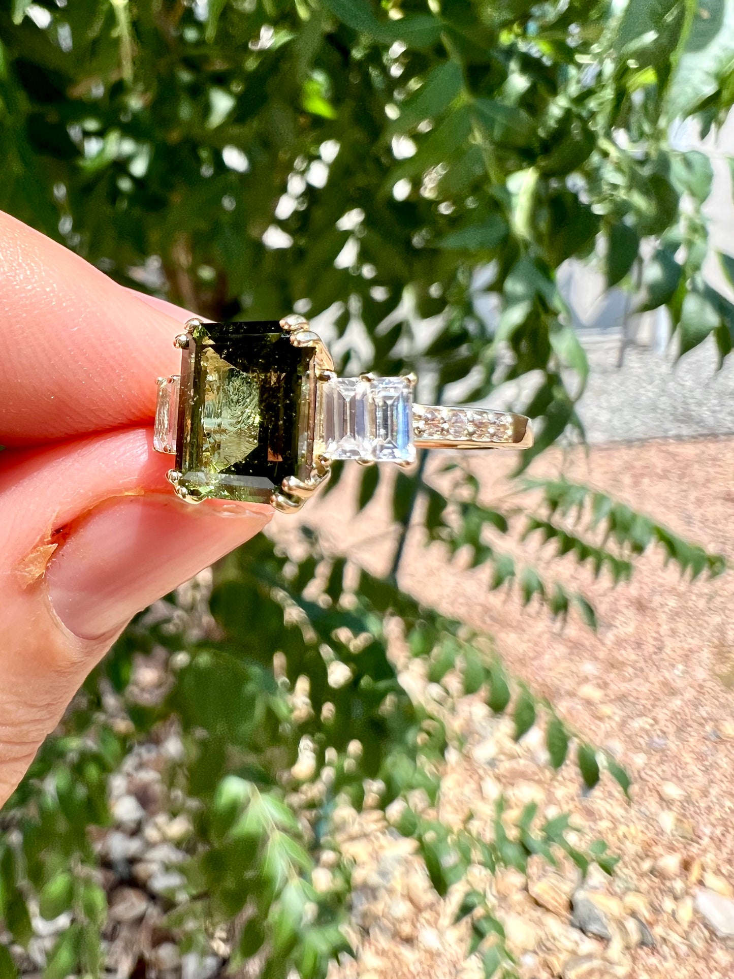 Moldavite + White Zircon on 10k Solid Gold