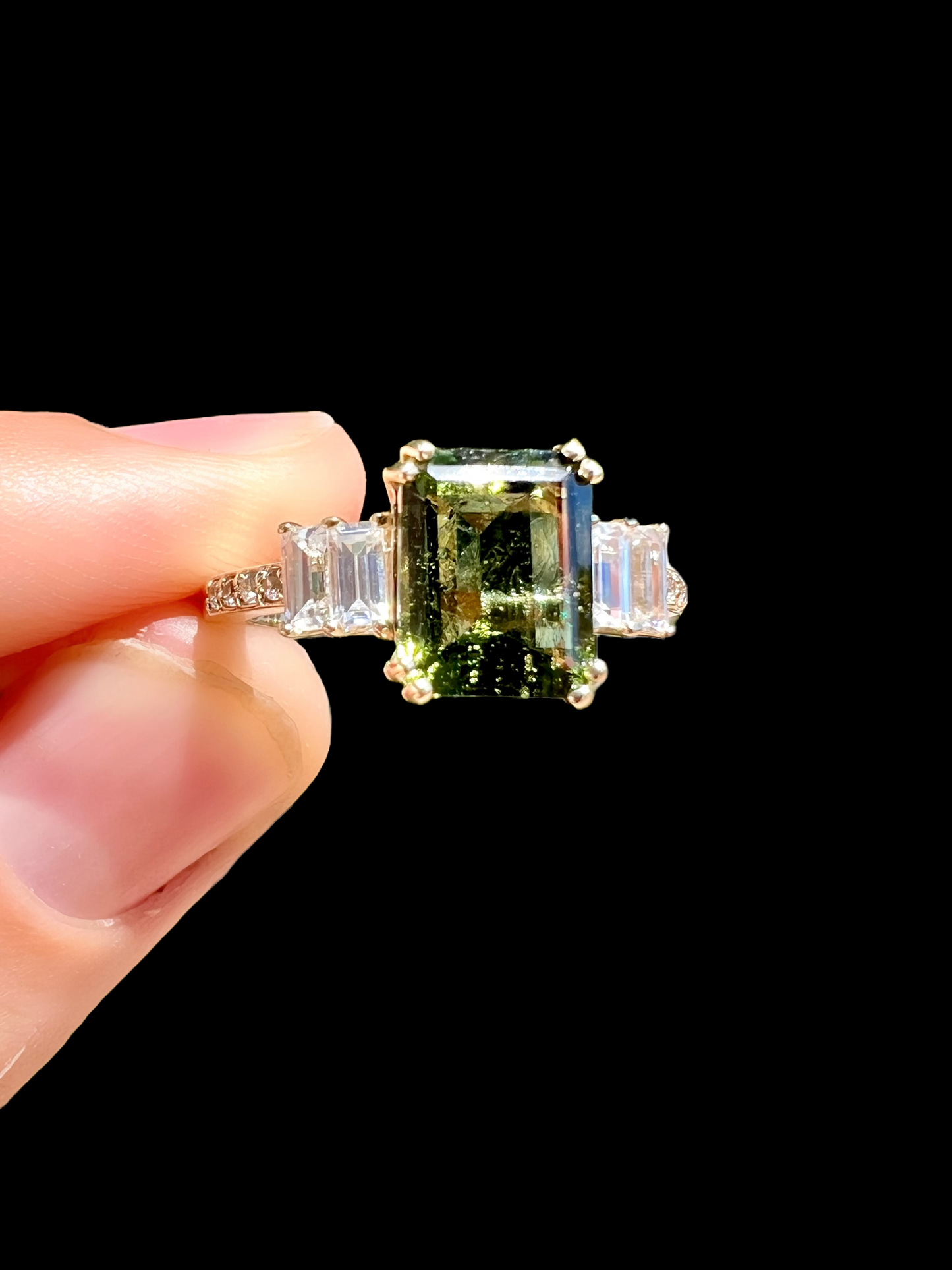 Moldavite + White Zircon on 10k Solid Gold