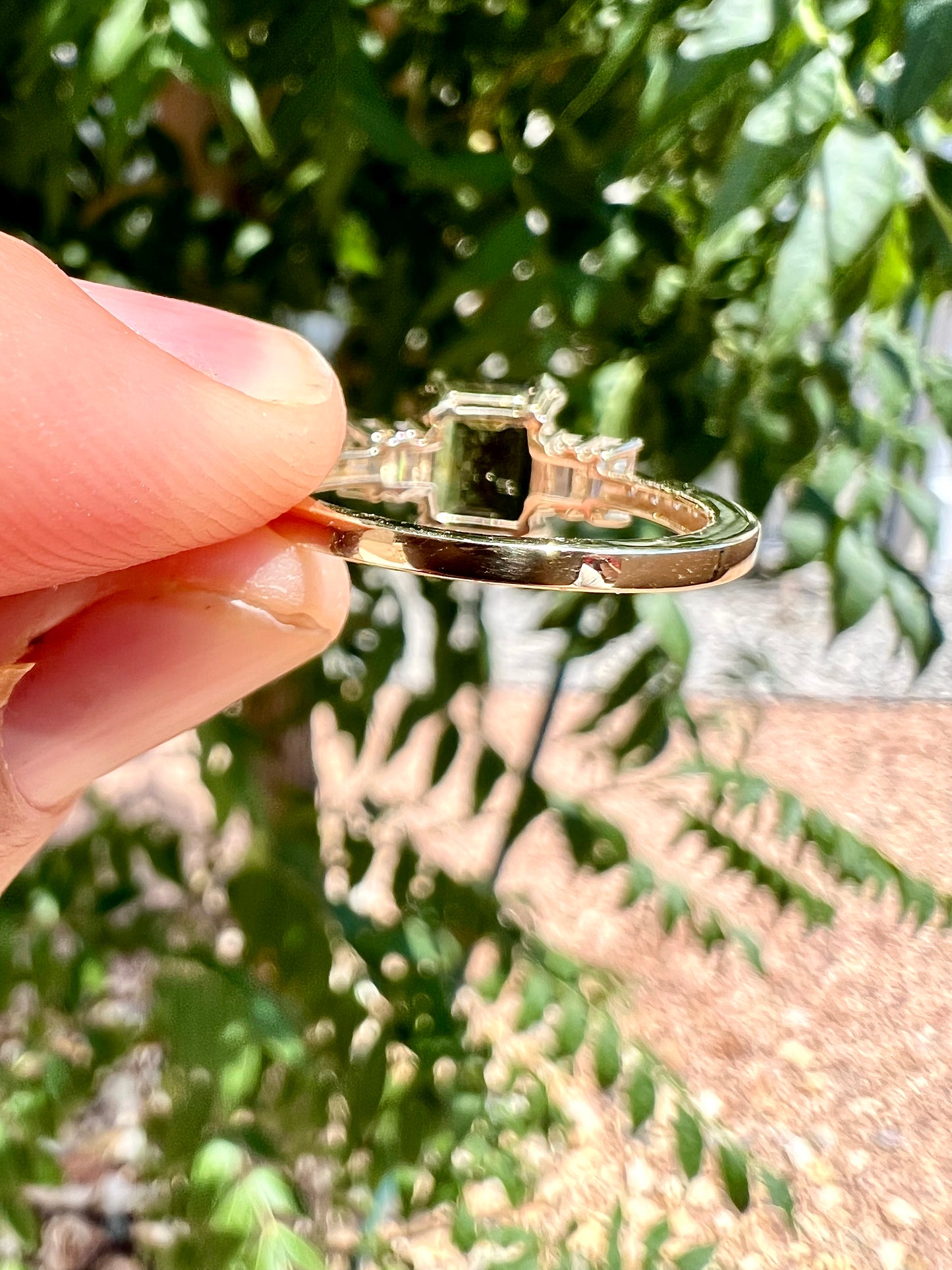 Moldavite + White Zircon on 10k Solid Gold