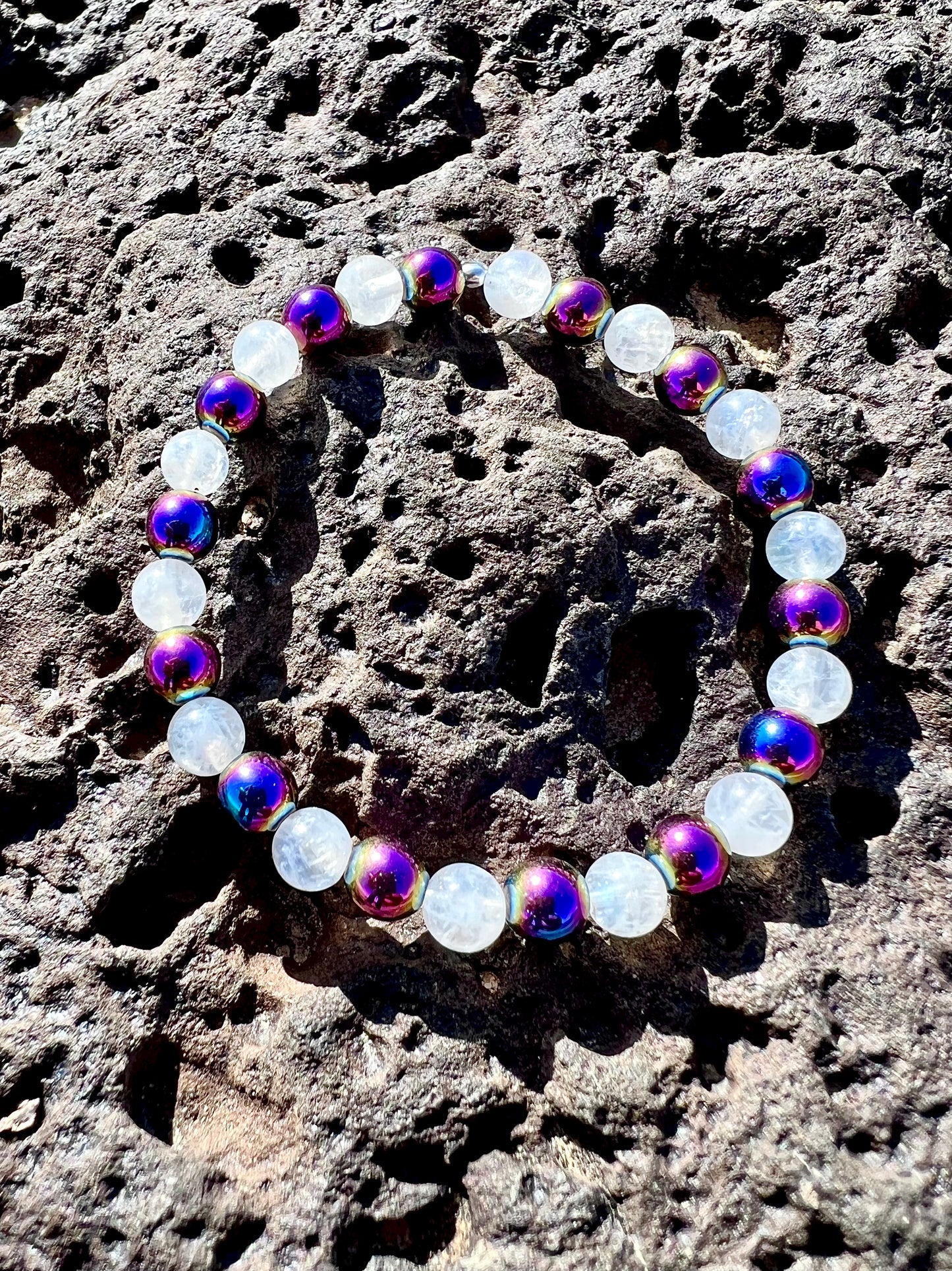 Rainbow Hematite + Moonstone Bracelet with Sterling Silver