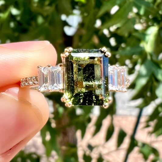 Moldavite + White Zircon on 10k Solid Gold